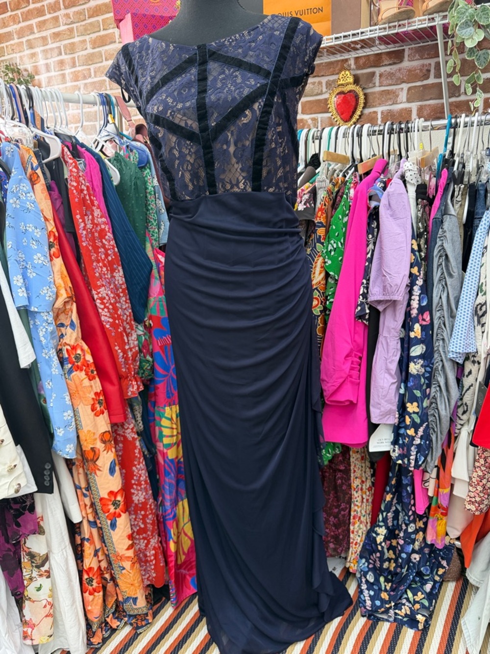 Navy Lace & Draped Chiffon Evening Prom Dress